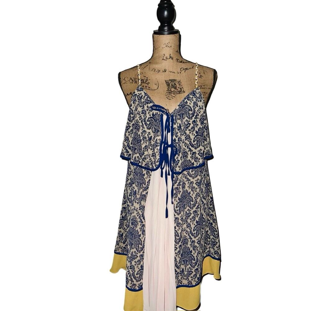 RYU BLUE TAN GOLD FLORAL FLOWY BOHO CHIC LINED SHIFT DRESS SIZE L / LARGE NWT